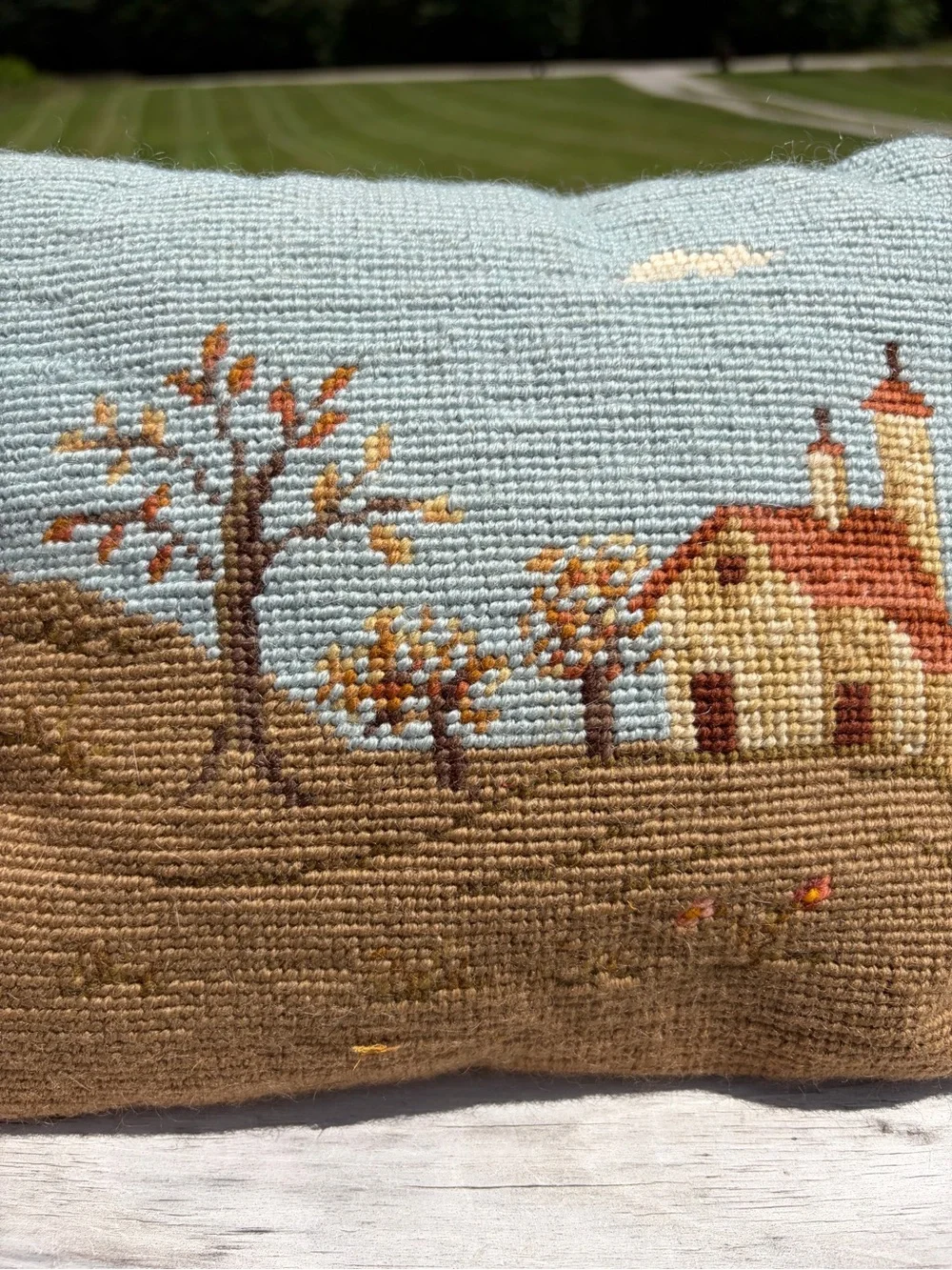 Vintage Needlepoint Pillow House Landscape Decorative Small Velvet Cottagecore